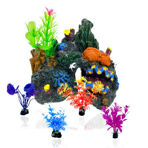 PINVNBY Aquarium Coral Reef Decor Resin Fish Tank Decorations Rock Mountain Cave Ornaments for Goldfish Betta Fish Sleep Rest Hide Play Breed with 4 PCS Aquatic Plants (Small Size)