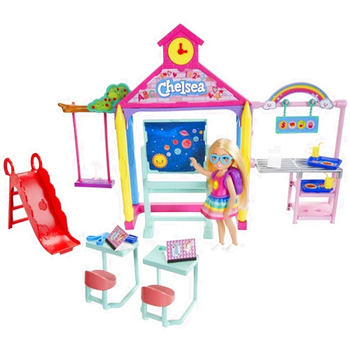Barbie Club Chelsea School Playset with Blonde Small Doll & Classroom Accessories, Flipping Blackboard, Cafeteria, Desks & More