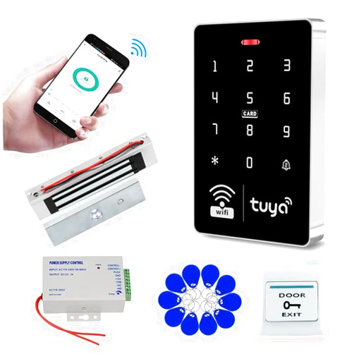 QttyElok Wifi Tuya Access Control System Kit Outdoor Waterproof RFID Access Controller Touch Keypad 125KHz 13.56MHz + 180KG Electric Magnetic Lock, Smart Phone APP Password Unlock