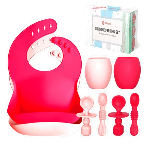 Sperric Baby Silicone Feeding Set - Baby Led Weaning Utensils, Silicone Bibs, Infant Feeding Cups For Boys, Girls, & Toddlers Smooth Waterproof Material For Practical Eating, Set of 8