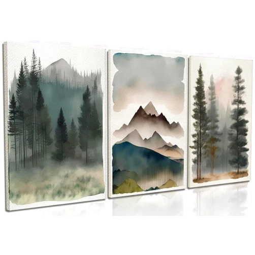 AKWISH Framed Wall Art for Living Room Set of 3 - Abstract Watercolor Pine Tree Mountain Range Wall Decor, Nature Landscape Canvas Paintings Prints for Bedroom, Home Office Decor - 12x16 Inches