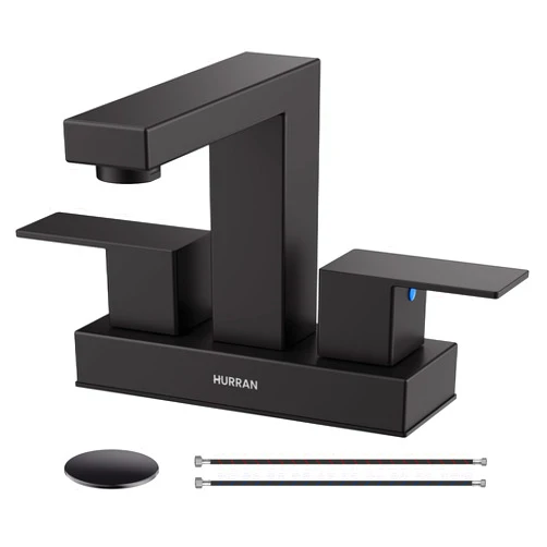 Hurran Matte Black Bathroom Sink Faucet, Hurran 4 inch Bathroom Faucets for Sink 3 Hole with Pop-up Drain and Supply Lines, Stainless Steel 2-Handle Faucet for Bathroom Sink Vanity RV Restroom