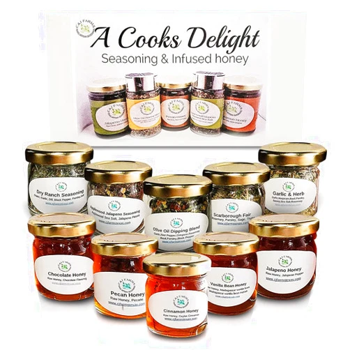 C&J Farms Texas Gourmet Artisan Seasonings A Cook’s Delight Gift Set- 10 Piece Variety Sampler Box- Includes Sampling of Seasoning Spices & Infused Honey- Local, Natural Flavors