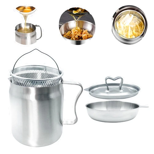 NAICISUM 2L HEAVY DUTY 304 Stainless Steel Bacon Grease Container with Strainer and Deep Fryer Basket, 3in1 Oil Fryer, Strainer, Large Oil Filter Pot Grease Saver Oil Separator Storage Kitchen Gadgets