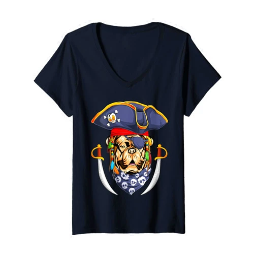 Funny Dogue De Bordeaux Dog Lovers Womens Dogue De Bordeaux Pirate Funny Halloween Bordeaux Mastiff V-Neck T-Shirt