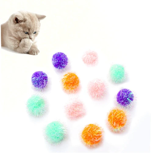 Osvela Cat Toy Balls 2 Inch Pom Pom Sparkle Ball Cat’s Favorite Toys Assorted Color Tinsel Glitter Fuzzy Balls 16 Pcs