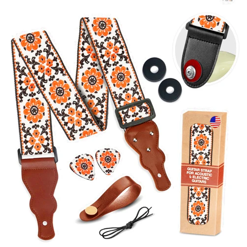 Art Tribute Guitar Strap For Acoustic Guitar , Electric Guitar and Bass Guitar, Adjustable Woven Flowers Guitar Strap W/ FREE BONUS 2 Picks + Strap Locks + Strap Button. Gift Set For Men & Women Guitar Players