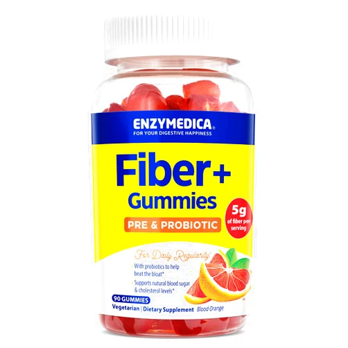 Enzymedica Fiber+ Gummies with Prebiotics & Probiotics for Daily Regularity, Vegetarian, 5g Fiber, Natural Chewable Digestive Health Supplement, Kids & Adult Women & Men, Blood Orange Flavor, 90 ct