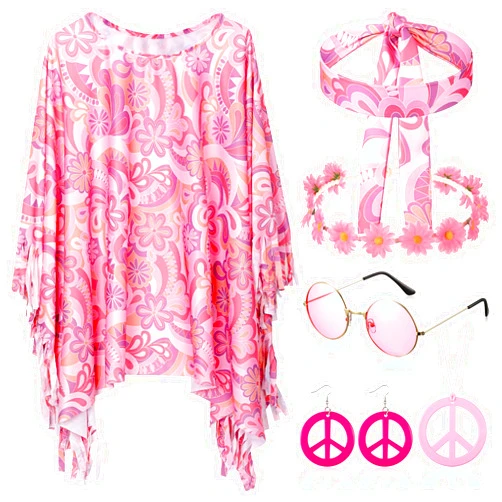 Hicarer 6 Pcs Hippie Costume Accessories Set Includes Headband Poncho Necklace Earrings Sunglasses for Women Girls