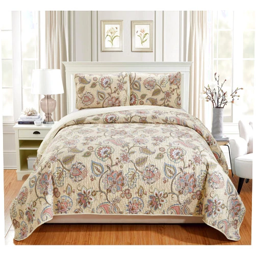 Home Collection 3pc King/California King Bedspread Quilt Set Floral Beige Pink Blue Taupe Green Flowers Leaves Over Size New