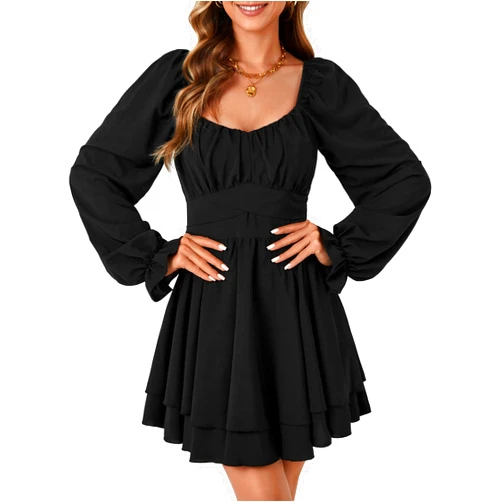 Rooscier Women's Lantern Flounce Long Sleeve Ruffle Layer Tie Mini Short Dress