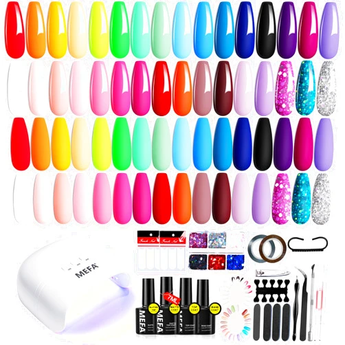 MEFA 60 Pcs Gel Nail Polish Kit with U V Light, 32 Colors Bright Neon Spring Summer Fall Pink Gel Polish Nail Set Essential Manicure Tools Nails Decorations Gifts for Women