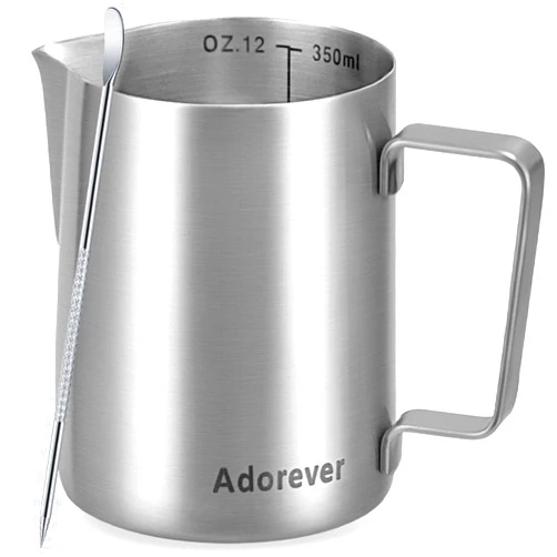 Adorever Milk Frothing Pitcher, 12oz Stainless Steel Milk Frother Cup Steaming Pitcher, Cappuccino Espresso Accessories Coffee Bar Barista Tools, Steamer Cup Milk Jug with Latte Art Pen, Matte Steel