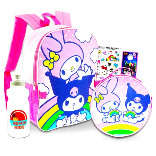 Hello Kitty My Melody & Kuromi Backpack and Lunch Box Set for Girls - Bundle with 16” My Melody & Kuromi Backpack, Lunch Bag, Water Bottle, Stickers, More | Hello Kitty and Friends Backpack Set