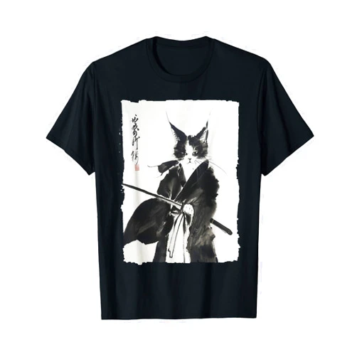 The Art of Print by MCMA - Digitally Enhanced Art Samurai Cat Tee: Vintage Ukiyo-e Warrior Art Graphic Cat Art T-Shirt