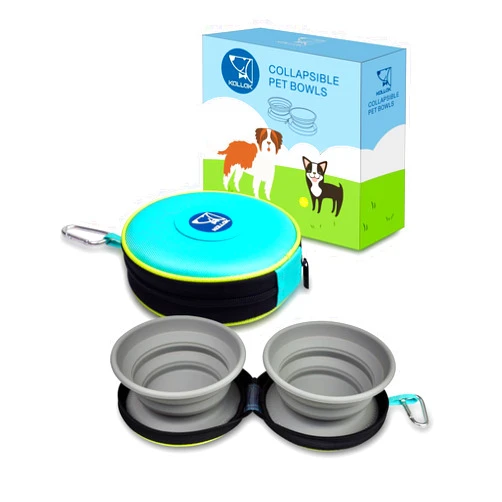 KALLAK Portable 2 in 1 Pet Bowls with Zipper Carrying Case and Carabiner, Collapsible Double Travel Dog Bowls for Food and Water Feeding, Foldable Camping Dog Cat Bowl