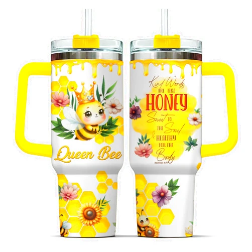 99WHALE Bee Gifts, Cute Queen Bee, Tumbler 40 Oz With Handle Lid And Straw, Yellow Keep Drinks Cold Hot, Yellow Handle Floral For Tumblers Cups Coffee Sunflower Flower Women