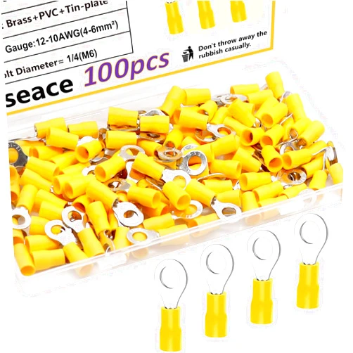 smseace 100Pcs 1/4(M6) 12-10AWG Ring terminals Insulated Ring Connects Electrical Wire Crimp Ring Connectors Terminal