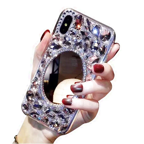 LCHDA Makeup Mirror Case for Samsung Galaxy A50, Bling Glitter Clear Crystal Full Diamonds Luxury Sparkle Transparent Rhinestone Bumper Protective Case Cover for Woman Girls with Screen Protector