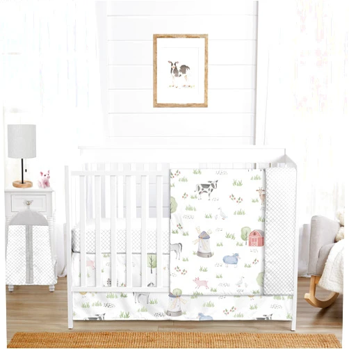 Sweet Jojo Designs Farm Animals Baby Boy or Girl Nursery Crib Bedding Set - 4 pieces - Watercolor Farmhouse Lattice Horse Cow Sheep Pig