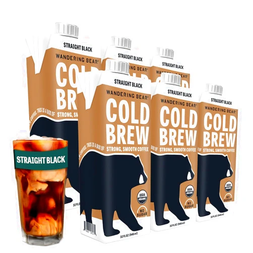 Wandering Bear Straight Black Organic Cold Brew Coffee, 32 fl oz, 6 pack - Extra Strong, Bold, Smooth, Unsweetened, Shelf-Stable, Ready to Drink, 100% Organic, Iced Cold Brewed Coffee Drinks