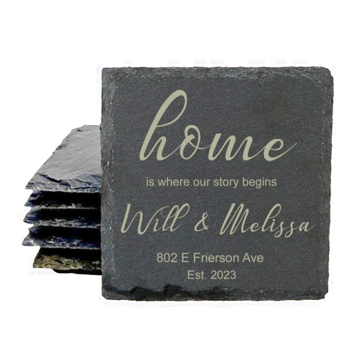 Elliefont Styles Custom Engraved Slate Coasters, Stone Drink Coasters, Coasters for Drinks, House Warming, Weddings, Couples, Anniversaries, Personalized Gifts, Coaster Set, Realtor Closing Gifts