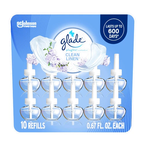 Glade PlugIns Refills Air Freshener, Scented and Essential Oils for Home and Bathroom, Clean Linen, 6.7 Fl Oz, 10 Count (Packaging May Vary)