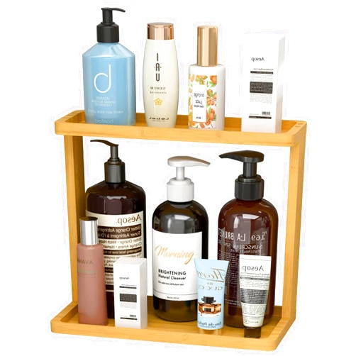 PEKER Bamboo Bathroom Organizer Countertop – Small Vanity Storage Shelf for Makeup, Perfume, Skincare – Natural Cosmetics Display Rack for Dresser, Sink, Kitchen – Natural