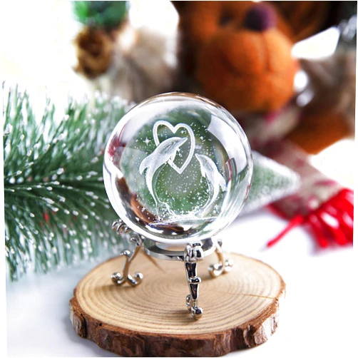 HDCRYSTALGIFTS3D Dolphin Crystal Ball Paperweight Figurines- Dolphin Gifts 60mm Crystal Ball with Stand, Christmas, Valentine's Day,Birthday Gift