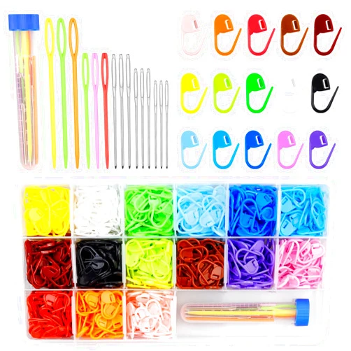 FIVEIZERO 900 Pieces Stitch Markers,with 15Pcs Large Eye Blunt Sewing Needles,Colorful Crochet Stitch Markers for Knitting Stitch Locking Clips Crochet Pins with Storage Box