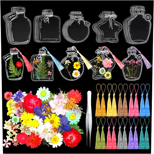 TaoBary 81 Pcs DIY Transparent Dried Flower Bookmark Set Include Clear Bookmarks Dried Flowers Colorful Tassels and Tweezer Handmade Dried Floral Bookmark for Book Bottle Supplies(Classic)