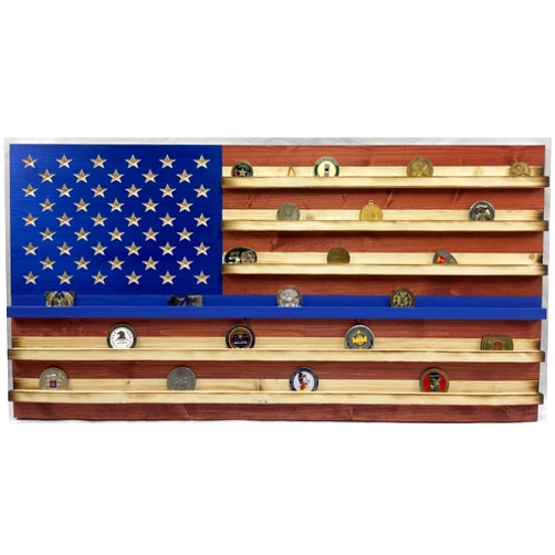 Handmade Extra Large Rustic American Flag Challenge Coin Display (THIN BLUE LINE)