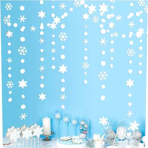 pinkblume 52Ft Winter Wonderland Party Decorations White Snowflake Garland Metallic Glitter Snowflakes Streamer for Winter Onderland Christmas Frozen Birthday Wedding Baby Bridal Shower Party Supplies