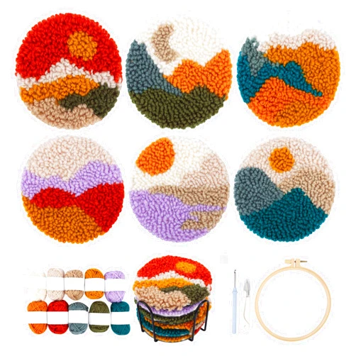 Temlum Punch Needle Coasters Kit, Punch Needle Embroidery Kit for Beginners and Adults Including Patterns, Tools, Yarns, Hoop, Instruction, Coaster Holder Coaster Art Craft Supplies (Landscape)