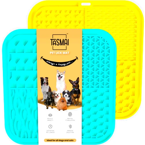 Tasmai Premium Quality Lick Mat for Dogs, Dog Lick Mat with Suction Cups, Pet Boredom Reducer, Slow Feeder, Dog Licking Mat Small, Cat Licking Mat (Teal&Yellow LickMats-2 Pack)