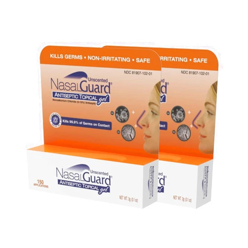NasalGuard Antiseptic Topical Gel - Kills 99.9% of Germs - Patented Positive Ion Technology, Non-irritating, Safe for Daily use - Over 150 Applications Per Tube, (3 Grams) Unscented - Pack of 2