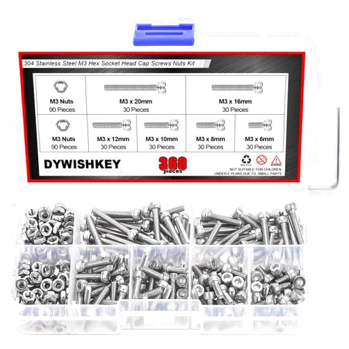 DYWISHKEY 360 Pieces M3 x 6mm /8mm/10mm /12mm/16mm/20mm Stainless Steel 304 Hex Socket Head Cap Bolts Screws and Nuts Kit