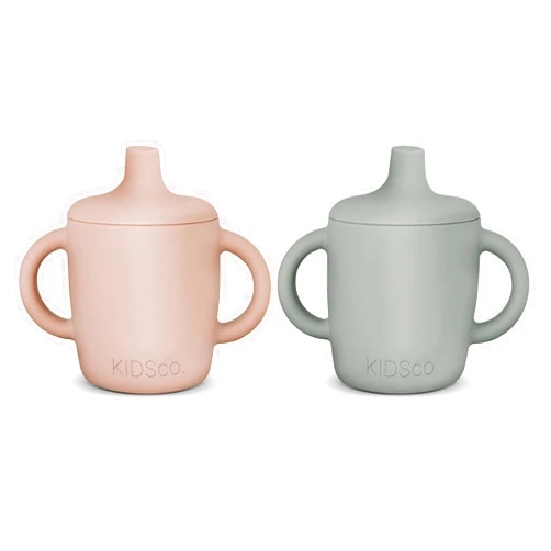 KIDSco. Silicone Sippy Cup and Training Cup for Baby 6 months+ Soft Spout and Handles Unbreakable Easy Grip for Babies 6-12 months and Toddlers 1-3 years 5oz/150ml (Grey Mist and Pink)