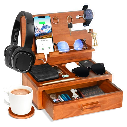 ANRXNCY Phone Docking Station with Drawer, Wood Nightstand Organizer for Men, Bedside Organizer with Charging Station, for Men, Phone Stand for Anniversary Birthday Gifts