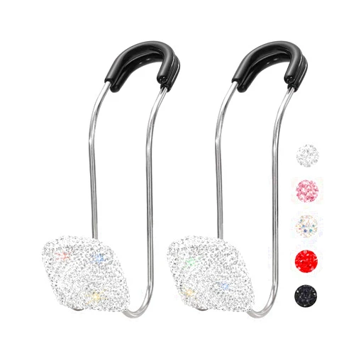 SAVORI Car Headrest Hooks Bling Car Accessories Rhinestones Universal Auto Back Seat Headrest Metal Hanger Organizer Vehicle Holder for Bag Purse Clothes Grocery 2PCS (White)