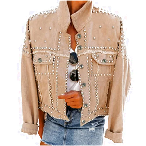 Omoone Women's Long Sleeve Rivet Studded Denim Jacket Casual Washed Short Jean Coat Western Outfits