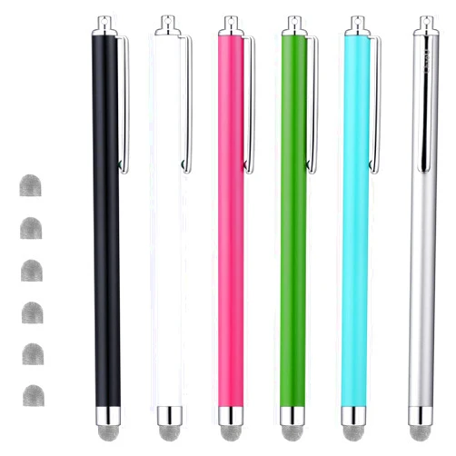 ChaoQ Stylus Pens for Touch Screens, Mesh Fiber Capacitive Stylus (6-Pack), with 6 Replaceable Mesh Tips (Black, White, Pink, Green, Sky Blue, Silver)