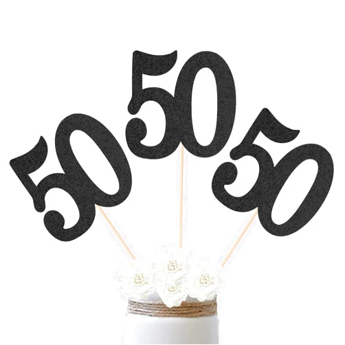 ALISSAR 10-Pack Double Sided Glitter 50th Birthday Centerpiece Anniversary Centerpiece Sticks, Number 50 Table Topper Cake Topper for 50th Birthday Anniversary Table Party Decorations (Double Dided black)