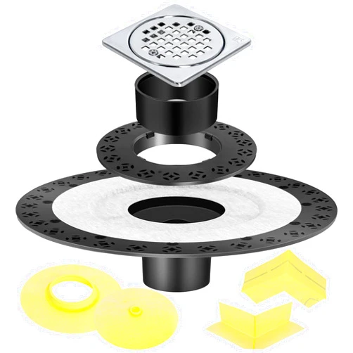 Swess Shower Drain Kit Compatible with Schluter kerdi Systems, 4 inch Drain Grate Kit with Vertical ABS 2 Inch Flange, ABS Plastic Pipe, Corners and Seals, Shower Floor Drain Kit Replacement