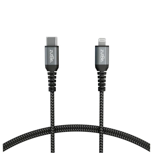 ZutBe Shield USB-C to Lightning Cable Braided with Kevlar, for iPhone 14 13 12 11 Pro/Pro Max X iPad AirPods iPod (MFI Certified) Supports Power Delivery (Charger not Included) (10ft Blk & Slvr)