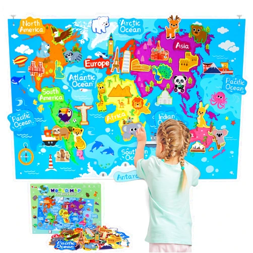 Taika World Felt Set, Felt World Map with World Famous Sights, Educational Play Mat Flannel Board Set, 43x28 inch Preschool Learning Flannel Board for 4+