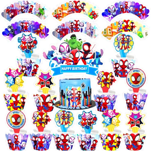 Generic Spider His Amazing Friends Birthday Party Supplies, 25PCS Spider Cake Decorations with Cake Cupcake Toppers Cupcake Wrappers for Spidey Birthday Party Decorations Supplies