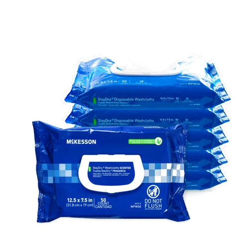 McKesson StayDry Disposable Wipe 6 Pack, 300 Washcloths - Large Adult Body and Incontinence Washcloths with Aloe and Vitamin E, Alcohol-Free, 50 Wipes Per Pack