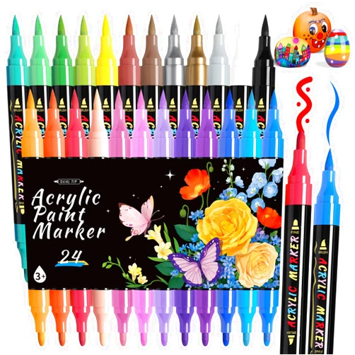 Pindda Dual Tip Acrylic Paint Markers, 24 Colors Paint Pens with Fine Tip and Brush Tip Pens, Acrylic Paint Pens for Paper, Pottery, Stones, Backpacks, Glass, Eggs, Fabrics, Plastics, handicrafts