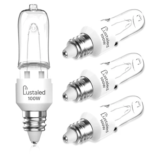 Lustaled JDE11 120V 100W Halogen Bulbs,2700K Warm White Dimmable JD E11 Halogen Light Bulbs，T4 E11 Mini Candelabra Bulb for Chandeliers,Ceiling Fan,Table Lamps, Cabinet Lighting-4 Pack